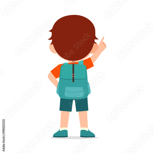 Happy cartoon boy wearing school backpack pointing finger up standing from behind with curious expression