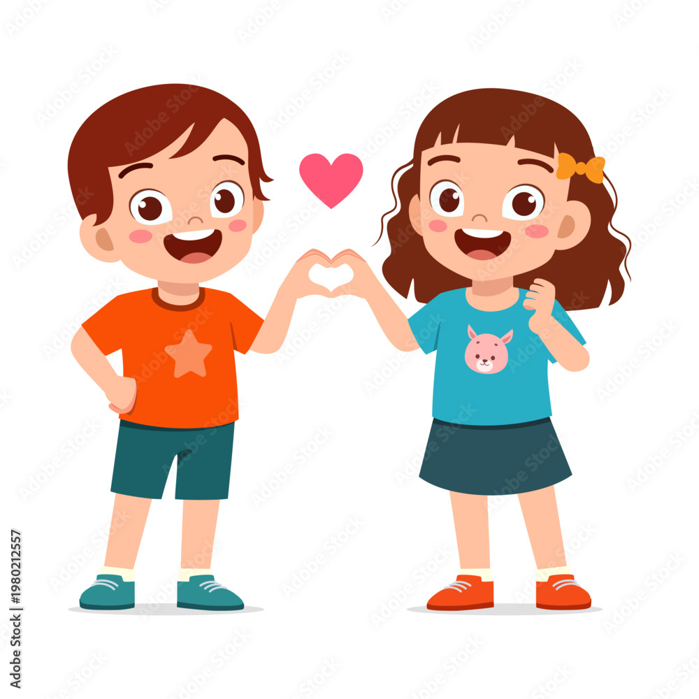 Fototapeta premium Happy smiling little boy and girl making a heart shape with their hands showing love and friendship
