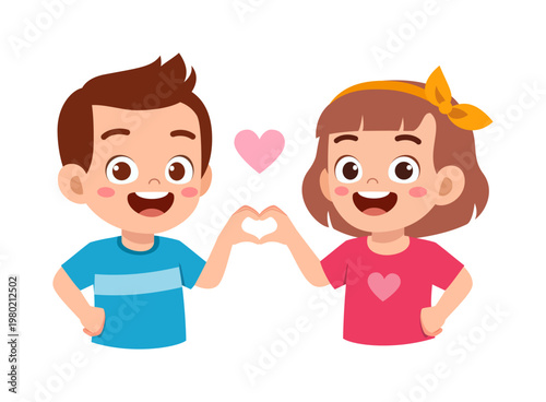 Children boy and girl smiling happily making heart shape with hands expressing love and friendship