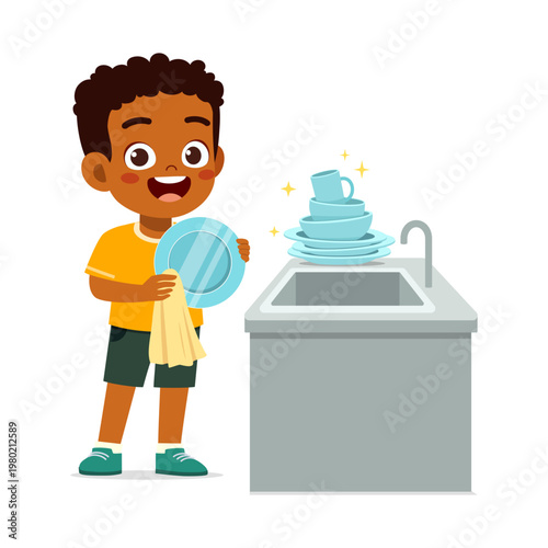 Happy African American boy smiling cheerfully drying clean dishes with a yellow cloth next to a kitchen sink illustration