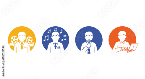 Four circular icons depict different professionals filmmaker musician speaker and digital worker