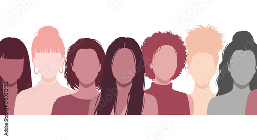 A diverse group of faceless women are illustrated in varying shades of pink and purple