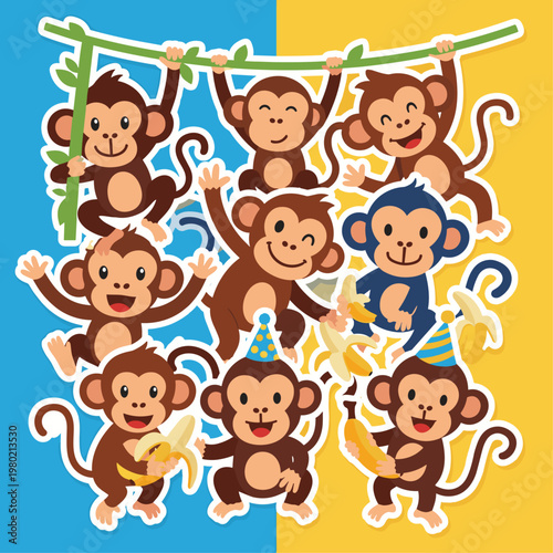 Group of Monkeys Playing Together.