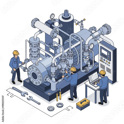 Industrial Maintenance Team Working on a Large Compressor System.