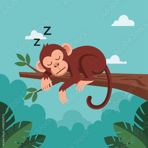 Sleeping Monkey on Tree Branch Alone.