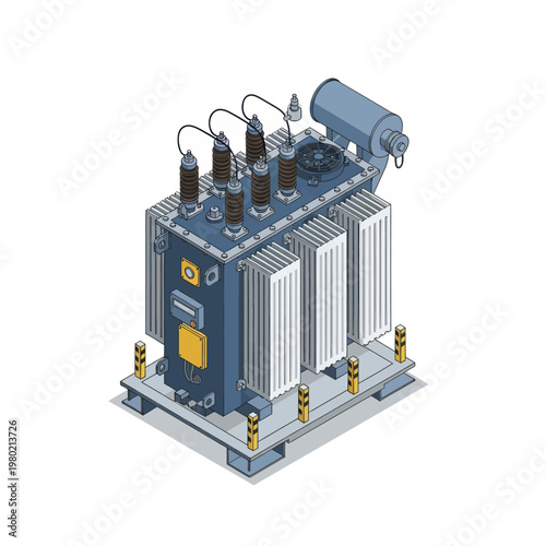 Industrial power transformer for electricity distribution and voltage regulation.