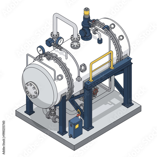 Industrial Pressure Vessel with Piping and Support Structure.