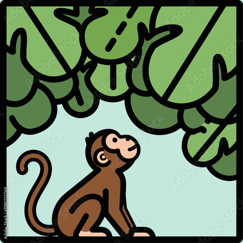 Brown Monkey Sitting Under Tree Leaves.