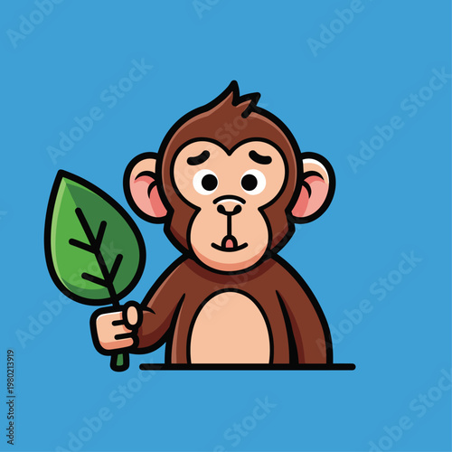 Brown Cartoon Monkey Holding Leaf.