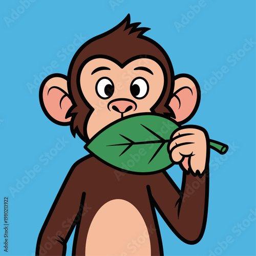 Cartoon monkey holding green leaf.
