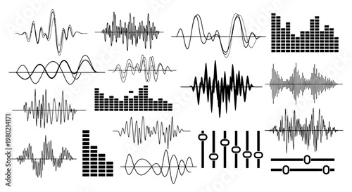 Abstract collection of sine waves and waveform graphs representing audio signals and data visuals.