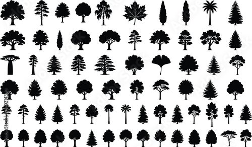 Collection of diverse tree silhouettes isolated on a white background. version . AI 10 / EPS 10 / PNG