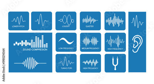 Abstract collection of audio waveforms and listening icons in a blue grid layout for music and sound visualization.