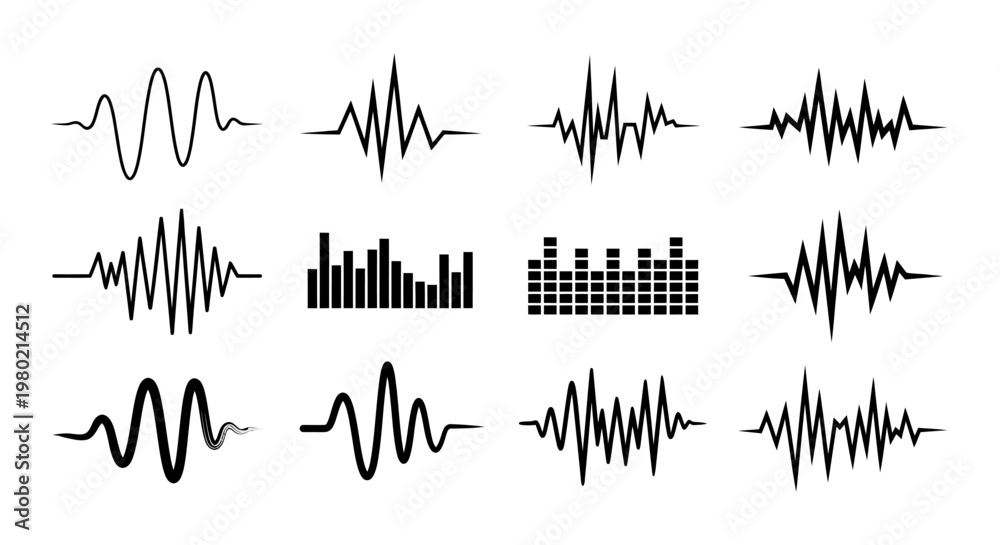 Naklejka premium Abstract waveforms and bar graphs depicting audio signal patterns and frequency visualization.