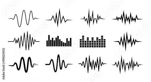 Abstract waveforms and bar graphs depicting audio signal patterns and frequency visualization.