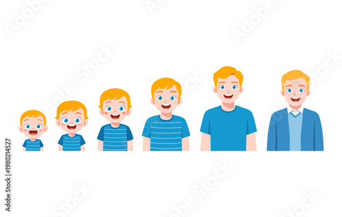 Caucasian male growing up from baby to old man life stages happy and smiling character development