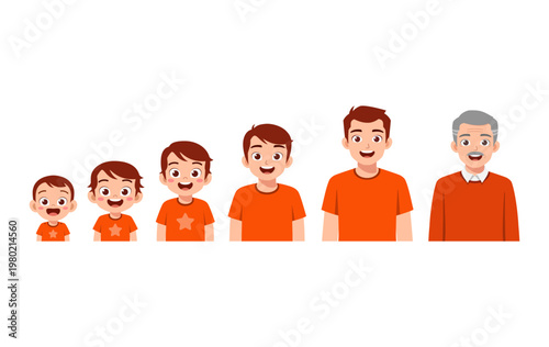 Male characters showing human age progression from baby to old man smiling happily in cartoon illustration