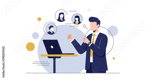 Businessman conducting online meeting with team, virtual communication, remote work concept