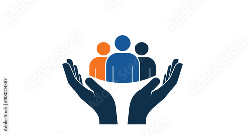 A graphic depiction of cupped hands protectively holding figures of people beneath a global sphere