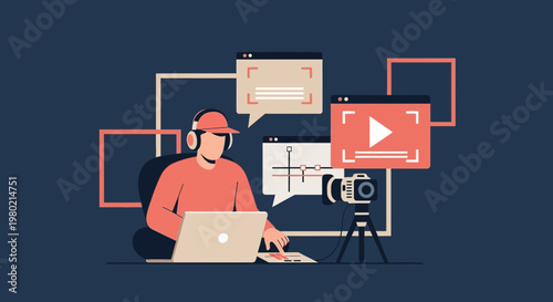 Content Creator Working on Video Editing with Laptop and Camera Setup