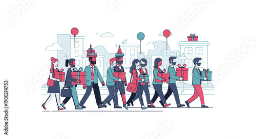 Diverse people with gifts walking in city street, celebrating holidays