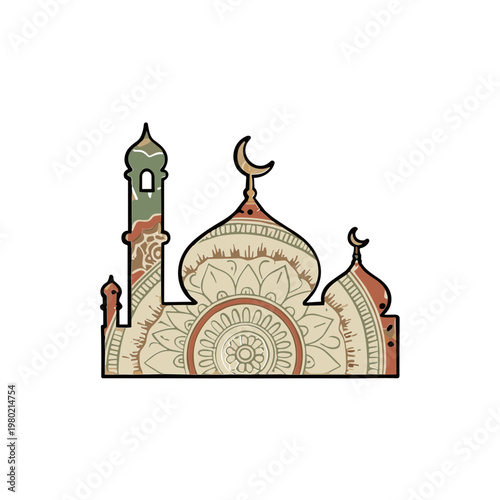 Islamic mosque silhouette with crescent moon and star, vintage distressed design