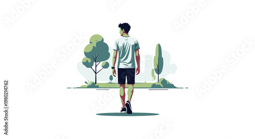 Man walking in park, summer day, healthy lifestyle, flat design illustration