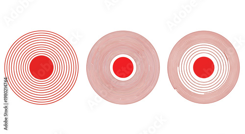 Three pink vinyl records with red centers arranged in a row, showcasing concentric circles and retro design.