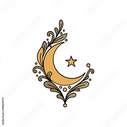 Ornate Crescent Moon and Star with Floral Swirls - Islamic Symbolism