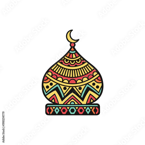 Ornate Mosque Dome with Crescent Moon, Islamic Geometric Patterns, Festive Colors