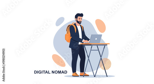 Digital Nomad Working Remotely on Laptop at Standing Desk with Backpack