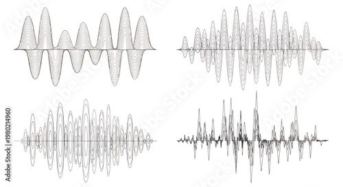 Sequence of abstract audio waveforms in grayscale for graphic design and data visualization.