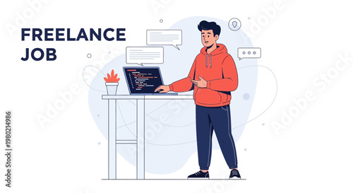 Freelance Job Concept: Programmer Working Remotely on Laptop with Chat Bubbles