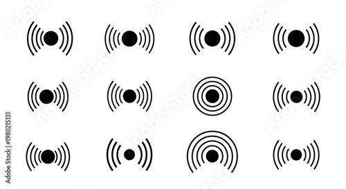 Collection of black and white circular signal icons with concentric rings in a repeating grid pattern.
