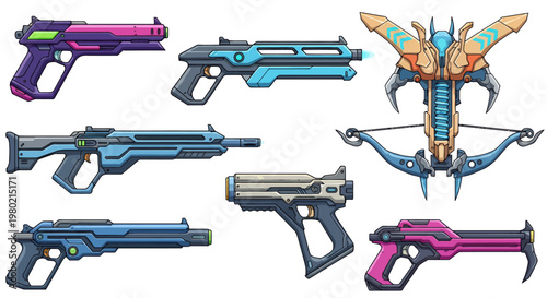 Collection of colorful toy blasters and a decorative horned mask arranged for display.