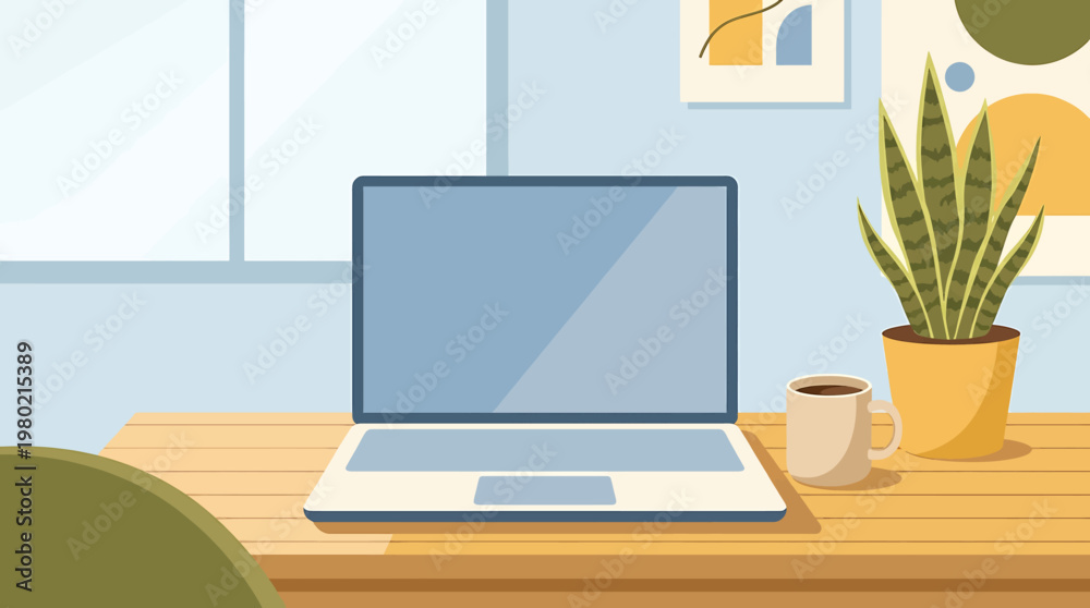 Fototapeta premium Modern laptop on a wooden desk next to a potted plant and a coffee mug, creating a productive home office setup illustration