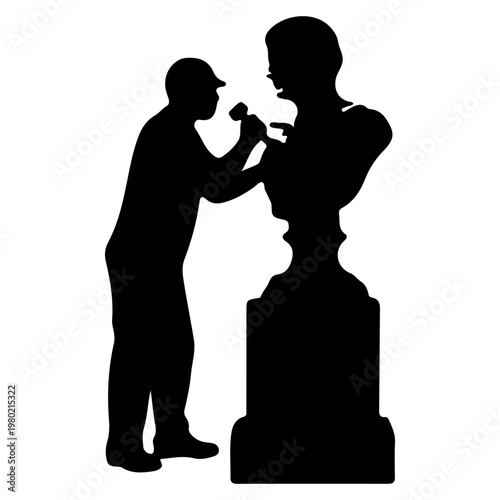Silhouette of a sculptor carving a bust on a pedestal.