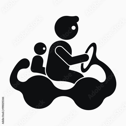 A black and white picture of a man and a child on a go kart
