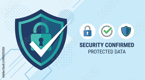 Cybersecurity shield with lock icon, confirming security and protected data, in a flat vector illustration style