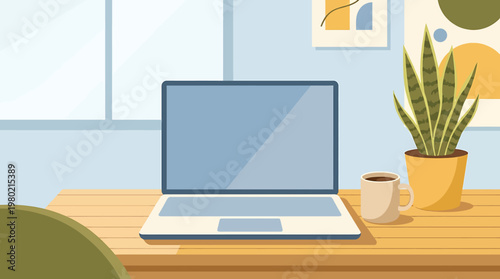 Modern laptop on a wooden desk next to a potted plant and a coffee mug, creating a productive home office setup illustration