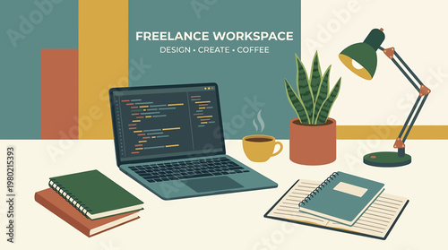 Modern flat vector illustration of a productive freelance workspace, featuring a laptop, warm coffee, green plant, and books on a clean desk, ideal for creative work and remote productivity