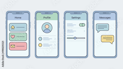 Modern Mobile Application User Interface Design Kit Showcasing Essential Screens for Streamlined Digital Productivity, User Personalization, and Seamless Communication Experience
