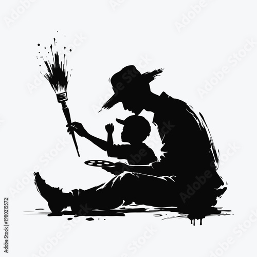 A man and a child painting together on the floor