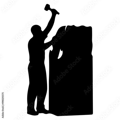 Silhouette of a sculptor carving a statue with a hammer and chisel.