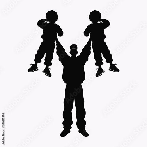 A man lifts two children in the air