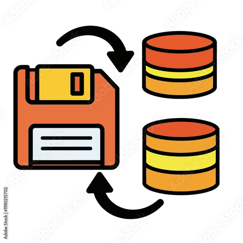 Data migration and synchronization concept illustration, showing information transfer from a classic floppy disk to modern database servers, symbolizing digital backup and secure storage evolution