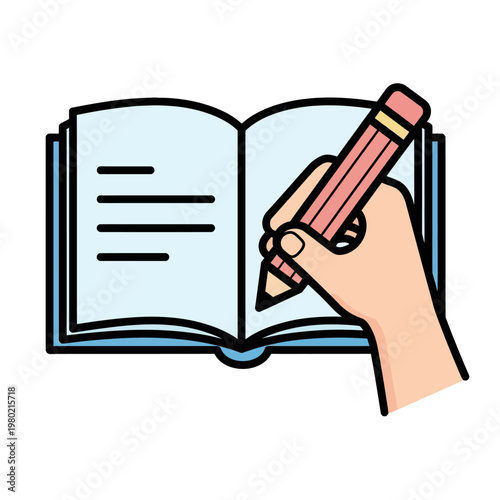 Stylized vector illustration of a hand writing with a pencil in an open book, representing education, learning, personal study, creative thought, and effective note-taking practices