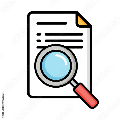 Document analysis and content review icon, featuring a magnifying glass examining a page. Symbolizes thorough search, investigation, and detailed data assessment