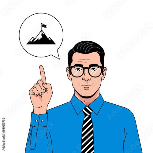 An optimistic professional visualizes a challenging mountain summit with a flag, representing the ultimate goal for success and strategic achievement