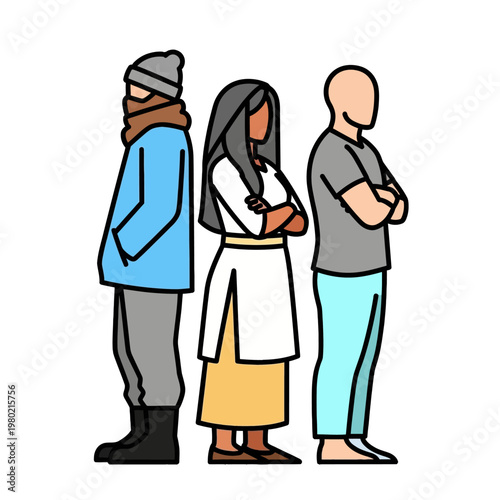 A diverse group of three individuals standing back-to-back, symbolizing different perspectives, cultural backgrounds, and potential disagreements within society or relationships